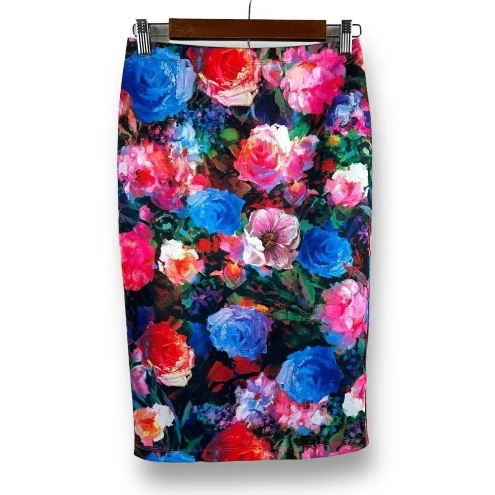 Express Women's Size S Bright‎ Floral Pencil Skirt Multicolor Rainbow Rose Print